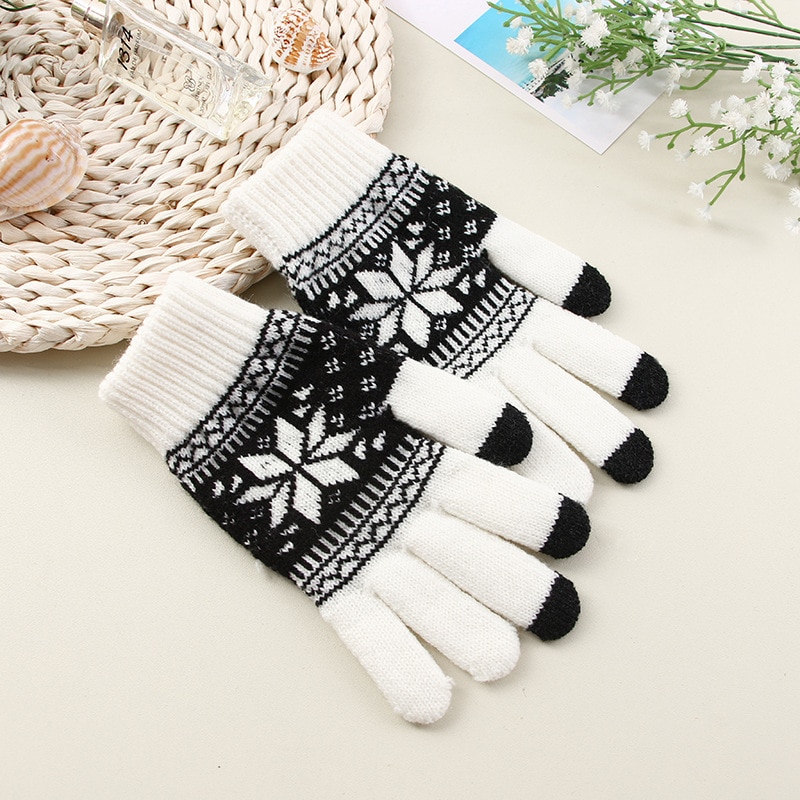Creative Fashion Snowflake Printing Gloves Mobile Phone Touch Screen Knitted Gloves Winter Thick & Warm Adult Gloves Men Women Uncategorized