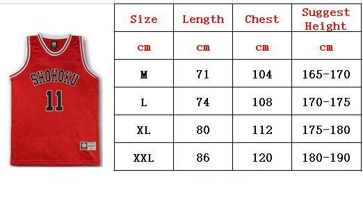 Shohoku Jersey sizes