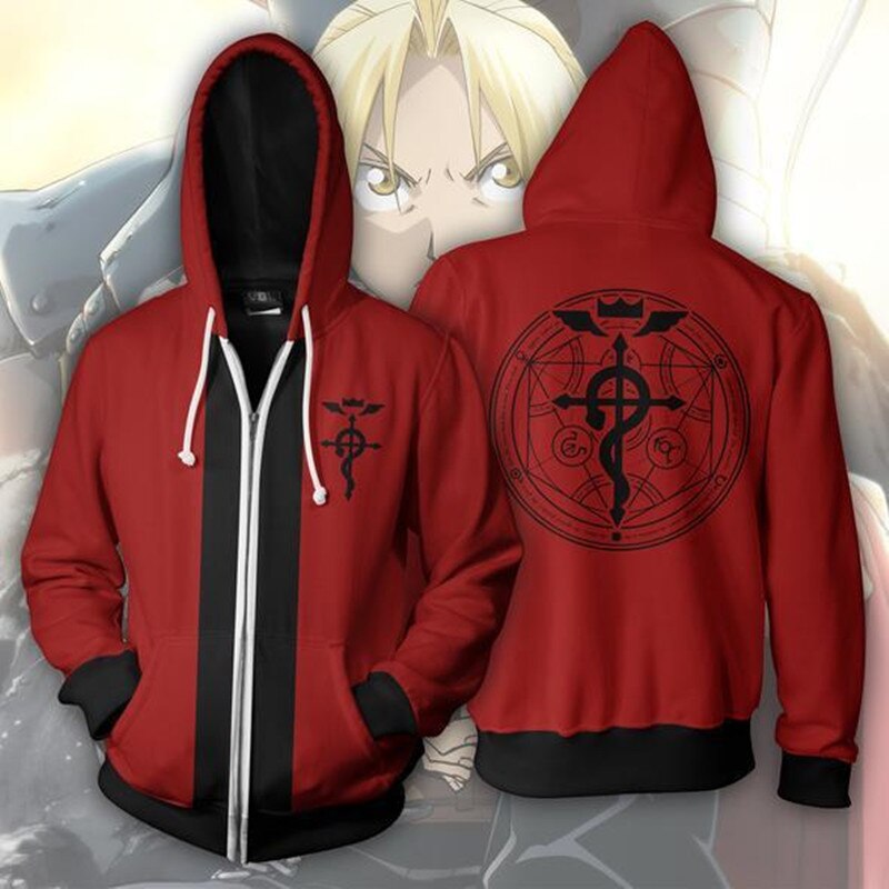 Fullmetal Alchemist – Edward Elric themed Zip Hoodie (Red) Hoodies & Sweatshirts
