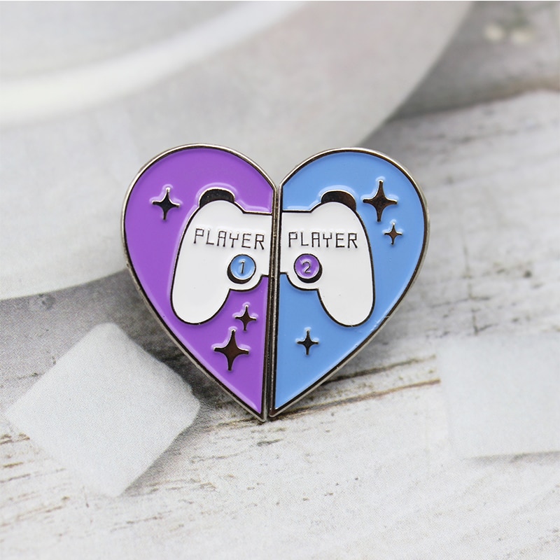 Game Player Themed Two-Piece Heart Shaped Brooch Pendants & Necklaces
