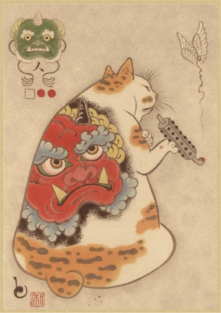 Japanese Samurai Tattooed Cat Themed Posters (20+ Designs) Posters