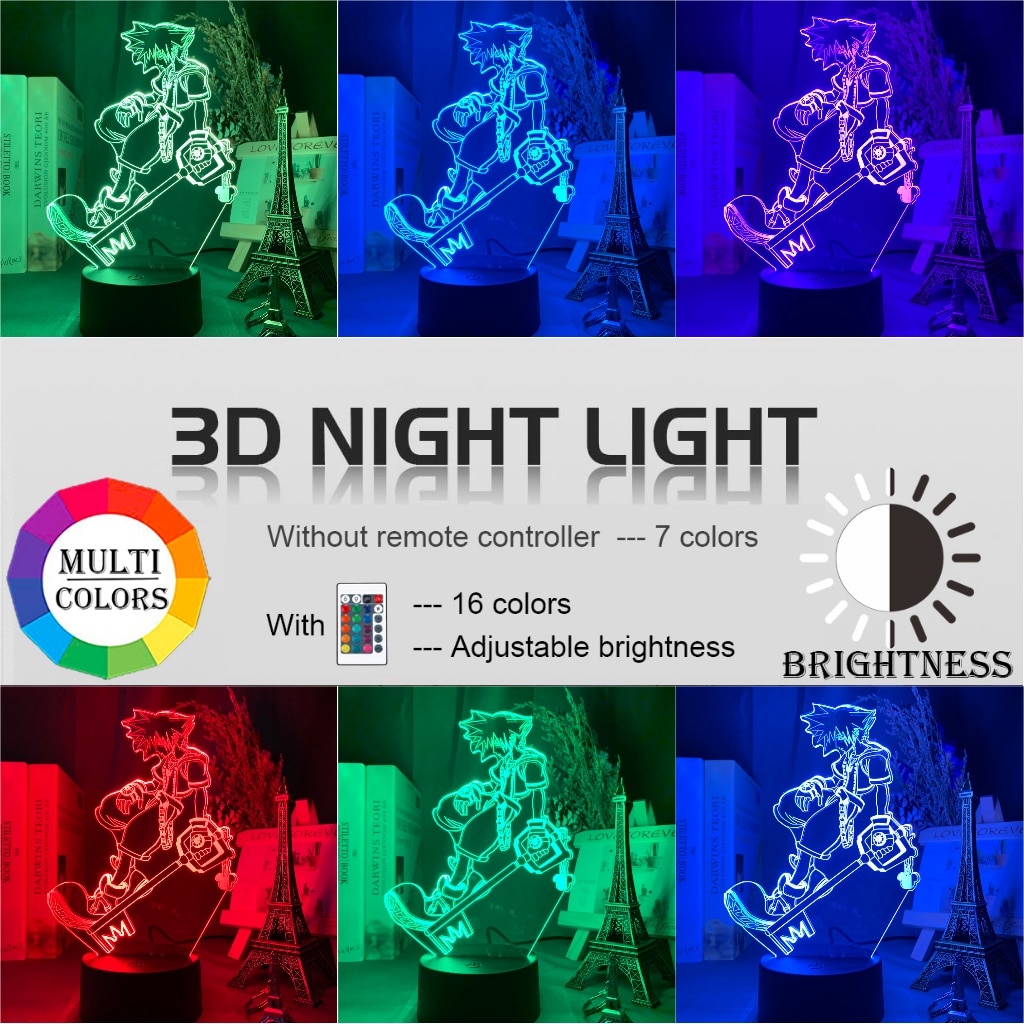 Kingdom Hearts Sora 16 Colors Remoter Control Cool 3D Acrylic Lamp Colorful Bedroom Nightlight