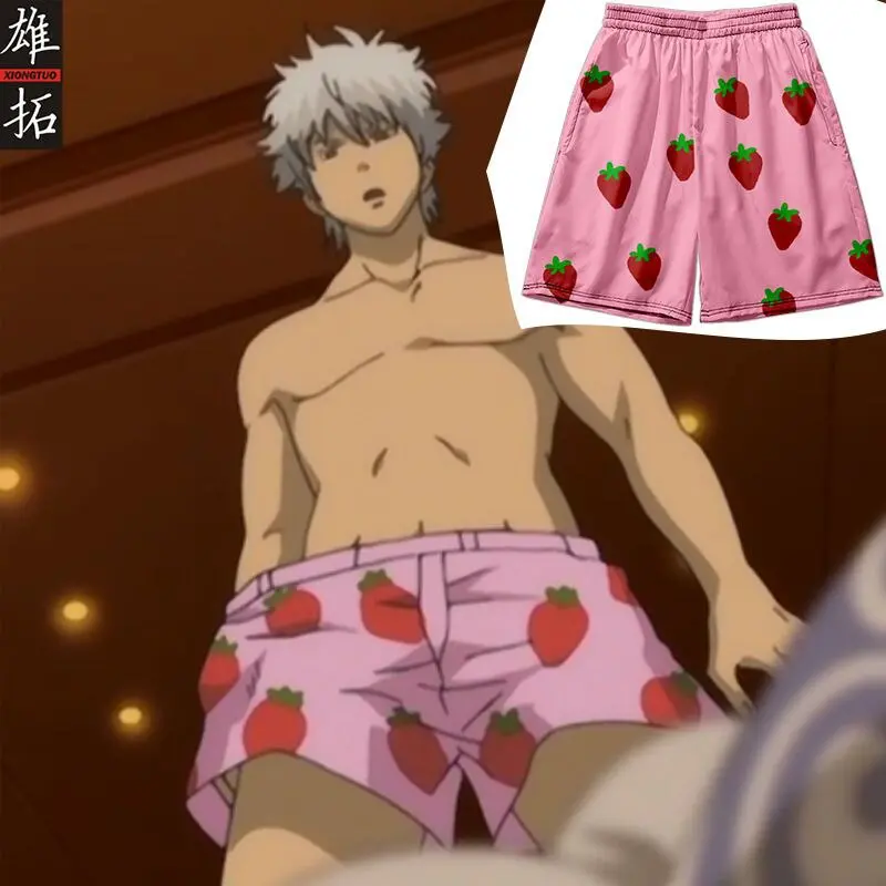 GINTAMA Anime Goods Pants Sakata Gintoki Same Style Pink Strawberry Shorts Kawaii Elastic Waist Cosplay Soft Cute Pajama Pants Uncategorized