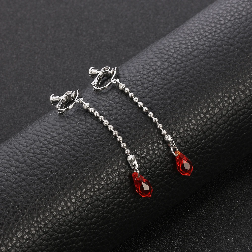 Hunter x Hunter – Kurapika Kurta Red Water Drop Chains with Stud Earrings Clips Jewelry & Accessories Rings & Earrings